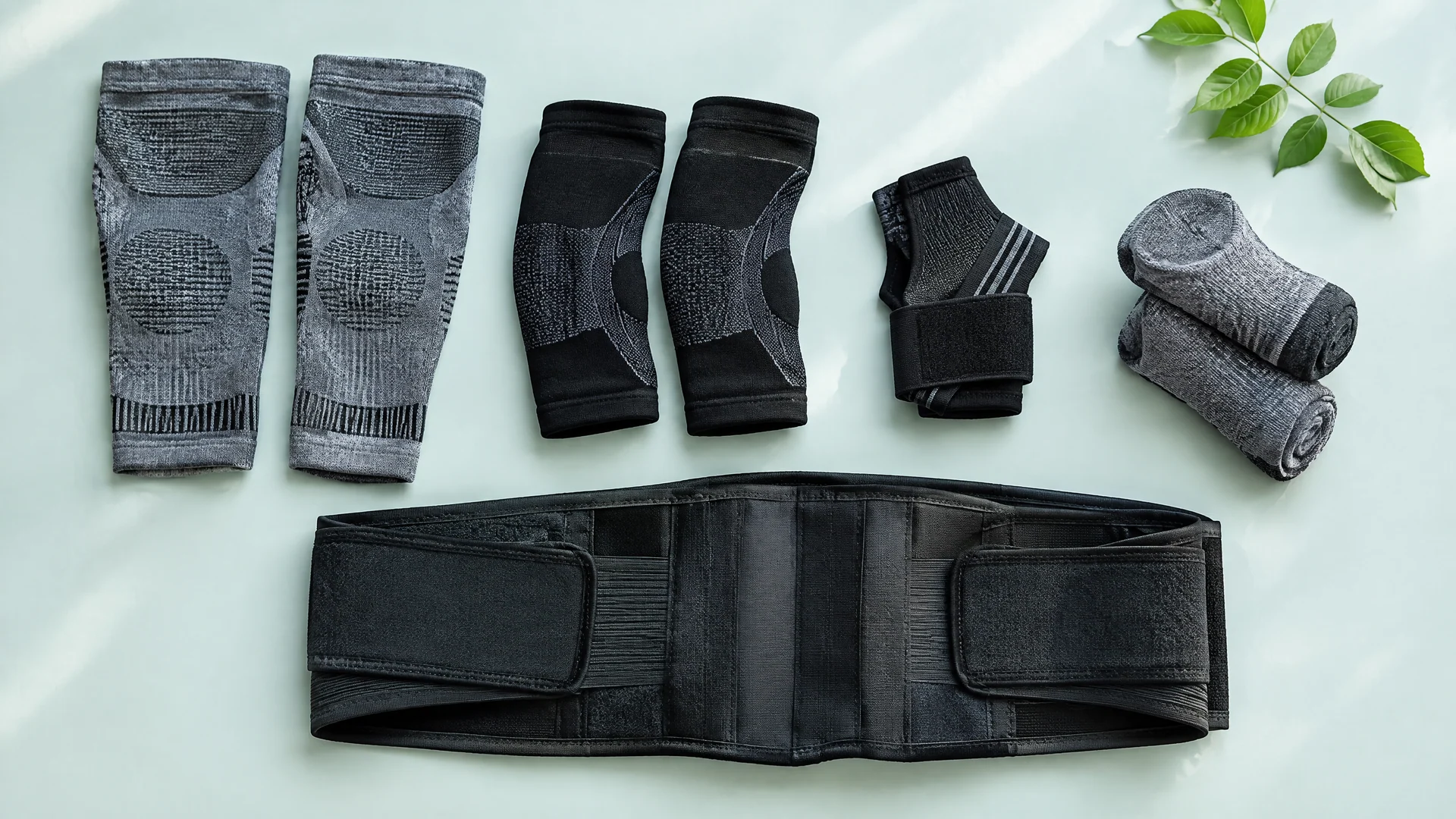 Flat lay of knit sleeves, a wrist wrap, rolled socks and a lumbar belt on a pale surface