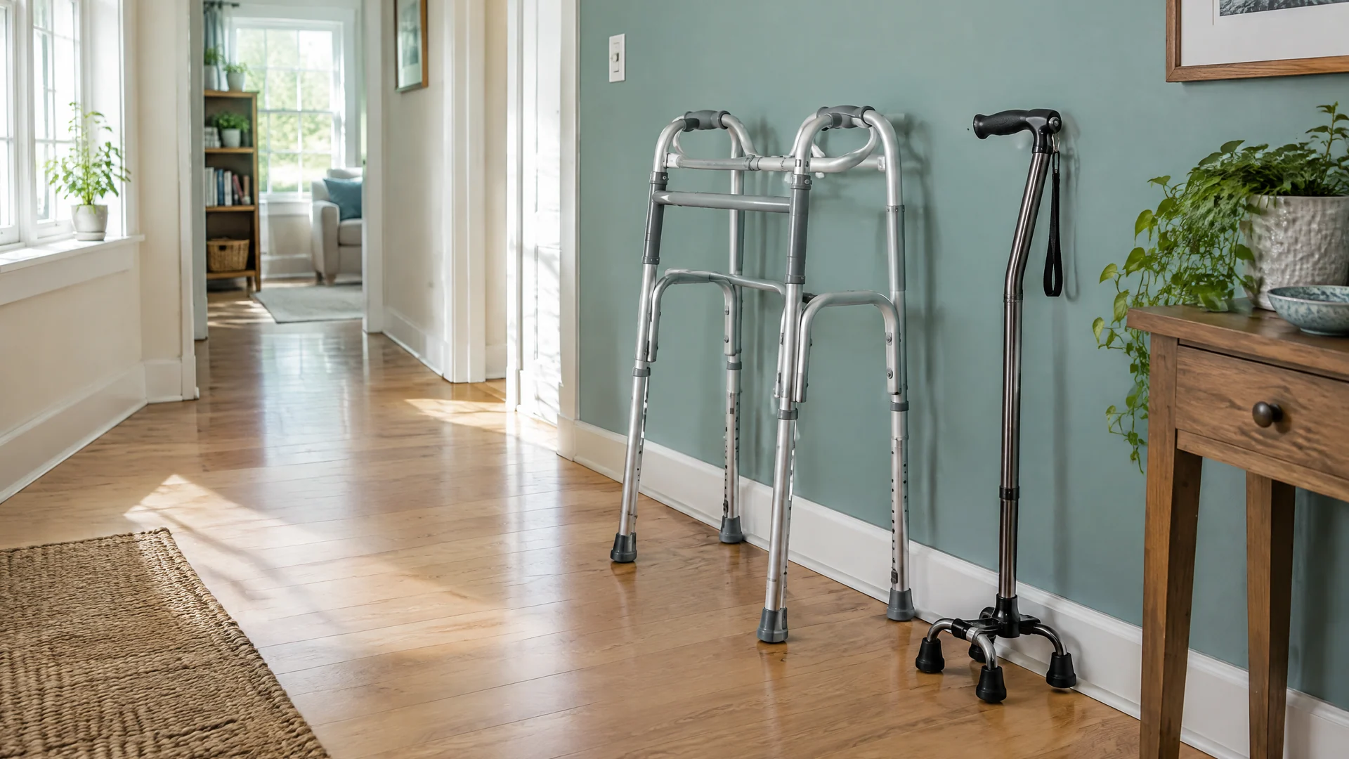 Sunlit hallway with a folding walker and a quad cane standing against a teal wall