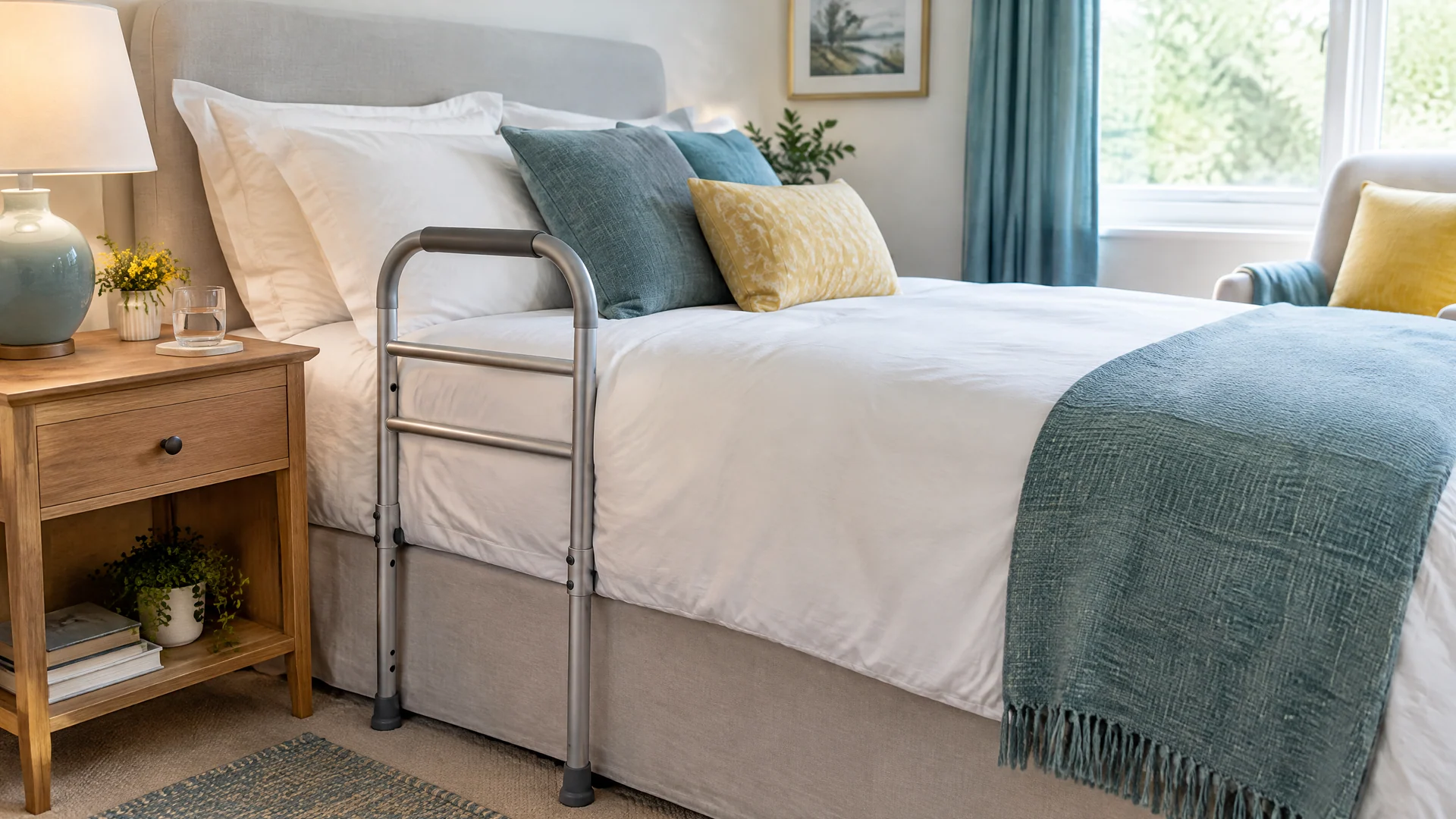 Tidy bedroom with white bedding and a silver-tone bedside assist rail beside the mattress