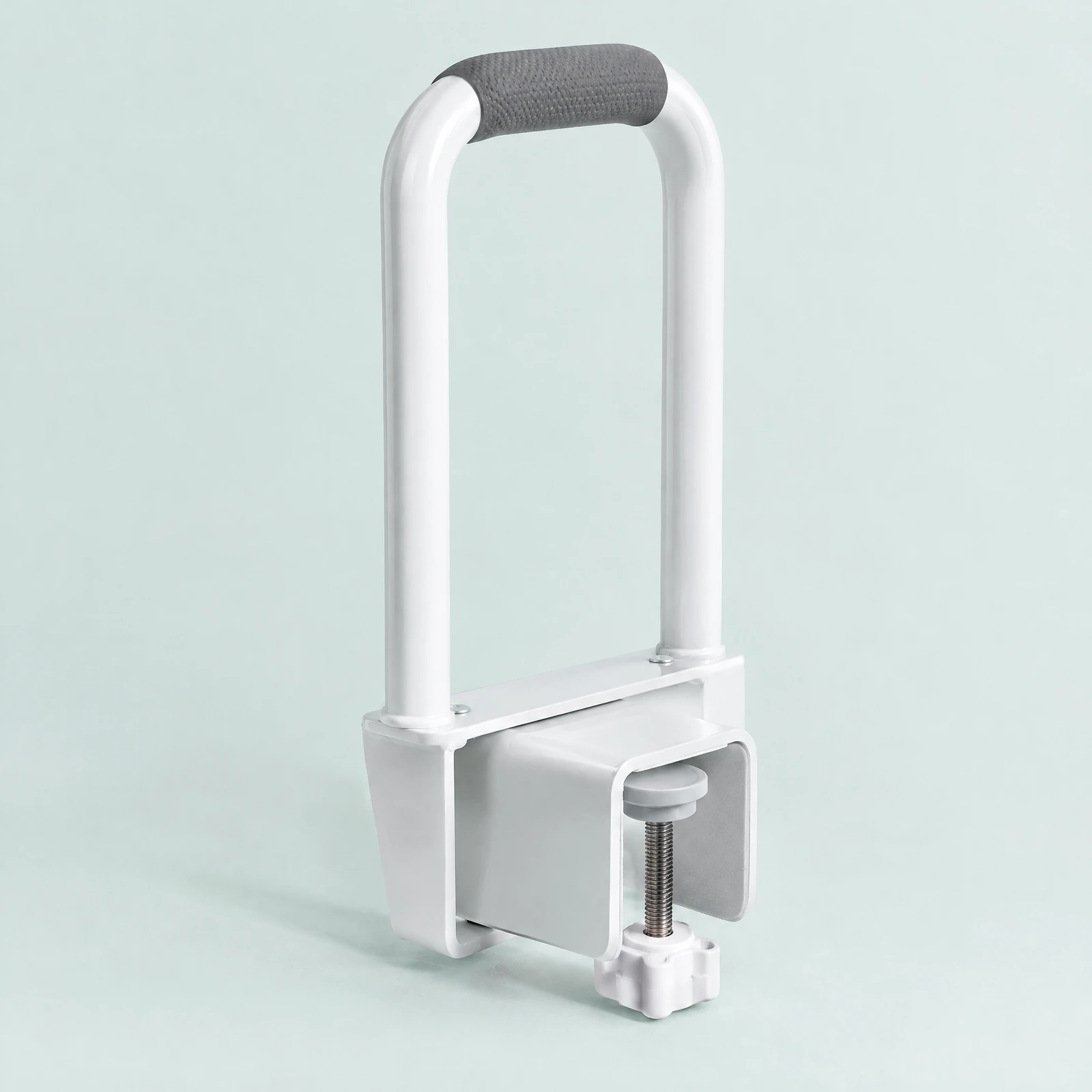 White U-shaped clamp-on bathtub rail with gray textured grip and screw clamp base