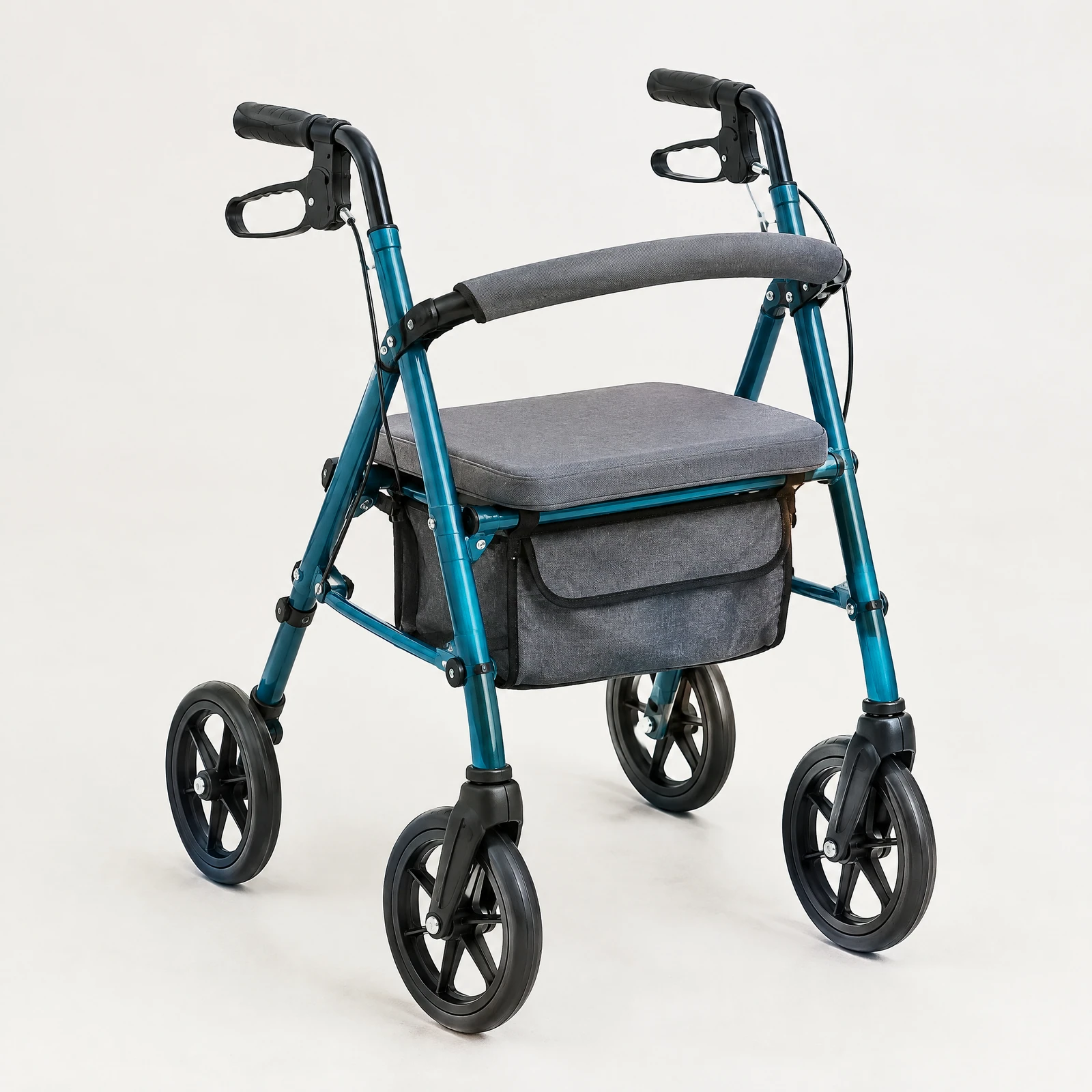 Teal four-wheel rollator with gray padded seat, hand brakes and storage pouch